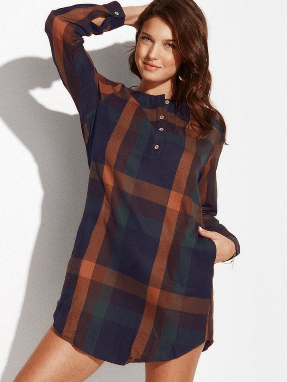 Cupshe Navy Plaid Long Sleeve Tunic Dress with Brown and Green Stripes